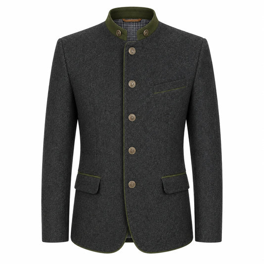 A dark gray wool-blend jacket with olive green trim on the collar, front buttons, and pocket edges, shown on a plain white background.