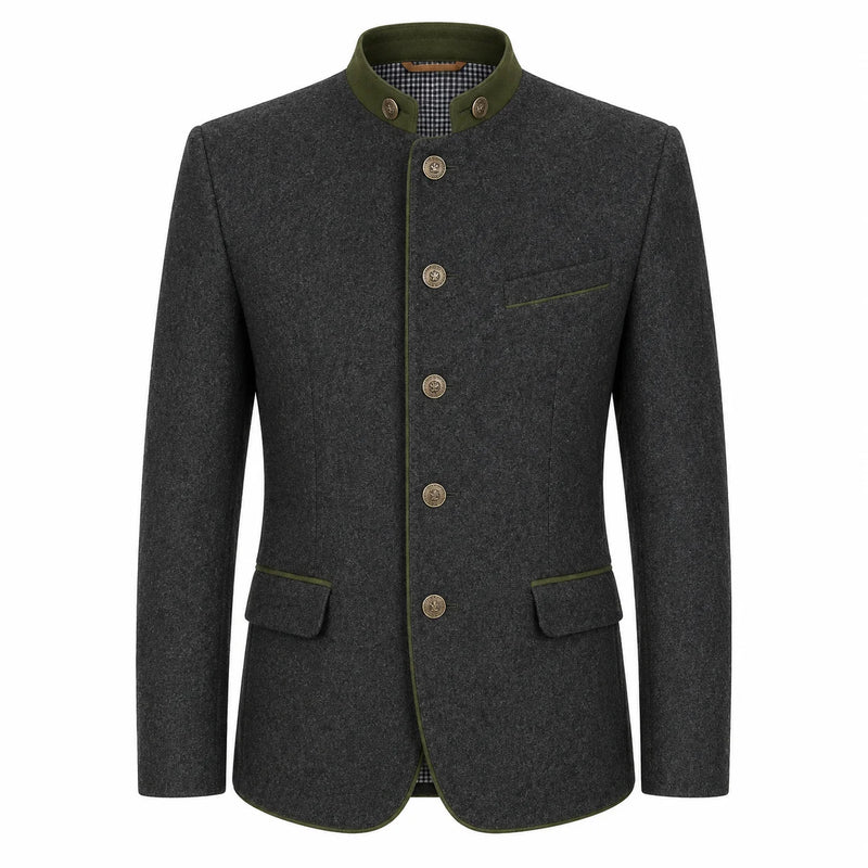 A dark gray wool-blend jacket with olive green trim on the collar, front buttons, and pocket edges, shown on a plain white background.