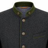 Close-up of a dark gray wool jacket with an olive green mandarin collar, matching green piping, and bronze-colored buttons, showing a checkered lining inside the collar.
