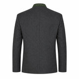 A dark gray textured wool jacket shown from the back, featuring a high collar with green embroidered details, set against a plain white background.