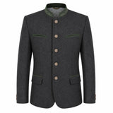 A dark gray textured wool jacket with a mandarin collar, featuring green piping details on the collar, pocket flaps, and front trim, and four brown buttons down the center front.