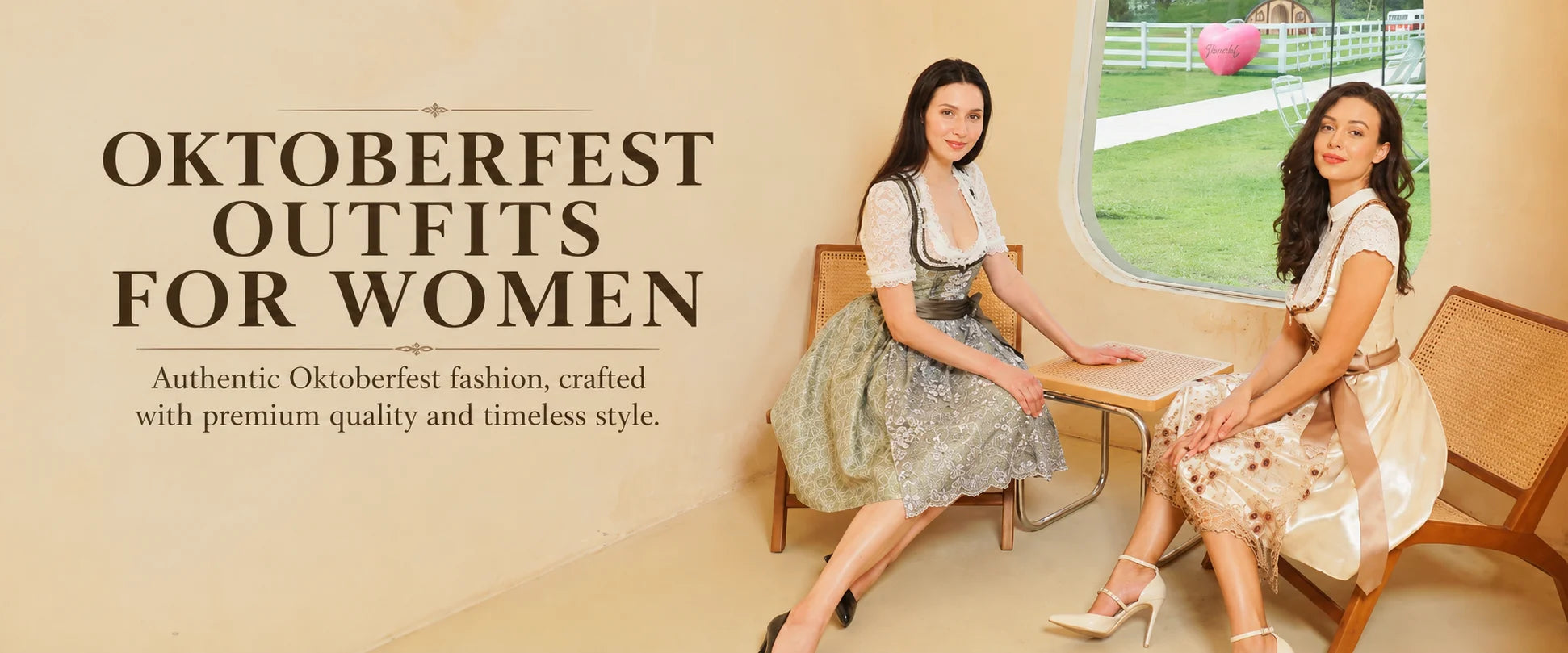 Two women seated indoors wearing traditional German dirndl outfits, with large text on the left reading 'OKTOBERFEST OUTFITS FOR WOMEN.' A real interior setting and window view of grass are visible, so this is Lifestyle rather than Product/Packaging.