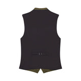 Black vest with patterned trim on a white background