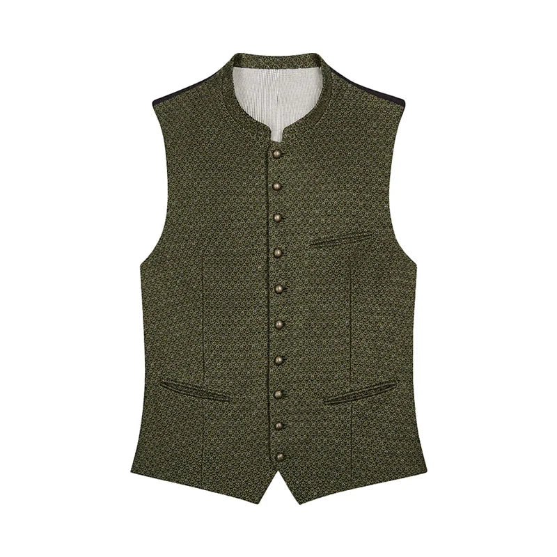 Green patterned vest with buttons on a white background