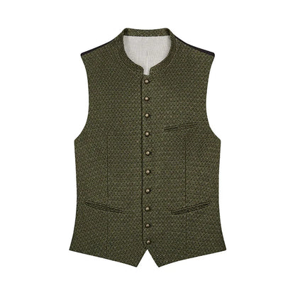 Green patterned vest with buttons on a white background