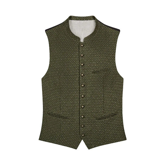 Green patterned vest with buttons on a white background