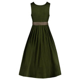 Green dress with a brown belt on a white background