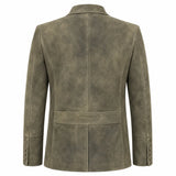 A men's blazer jacket in a textured, distressed olive-brown suede or nubuck fabric, shown from the back against a plain white background.