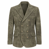 A men's double-breasted blazer in textured taupe-brown suede or nubuck fabric, featuring gold-tone buttons and a classic notch lapel, shown against a plain white background.
