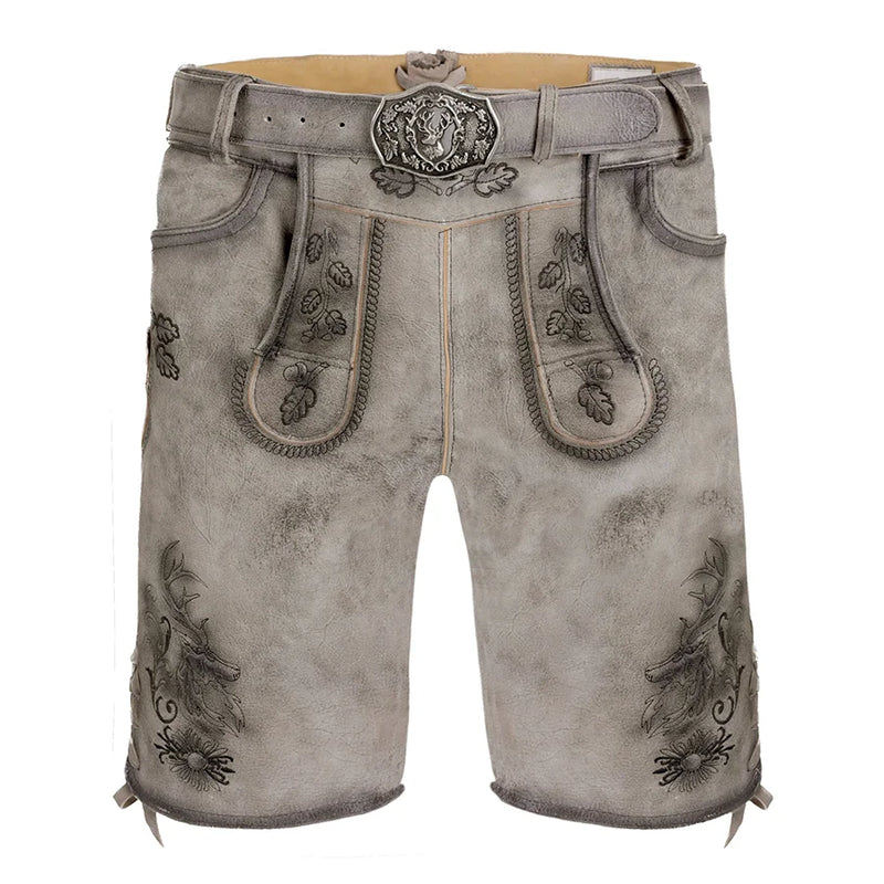 Traditional German lederhosen with embroidery and a belt on a white background