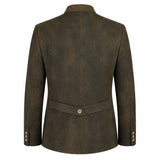 The back view of a men's blazer in a textured dark brown fabric, featuring a single button closure at the waist and button details on the cuffs, set against a plain white background.