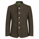A men's traditional jacket in dark brown textured wool with a mandarin collar, five gold buttons, and a green lining, shown on a plain white background.