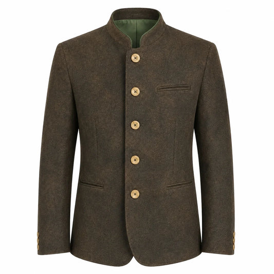 A men's traditional jacket in dark brown textured wool with a mandarin collar, five gold buttons, and a green lining, shown on a plain white background.