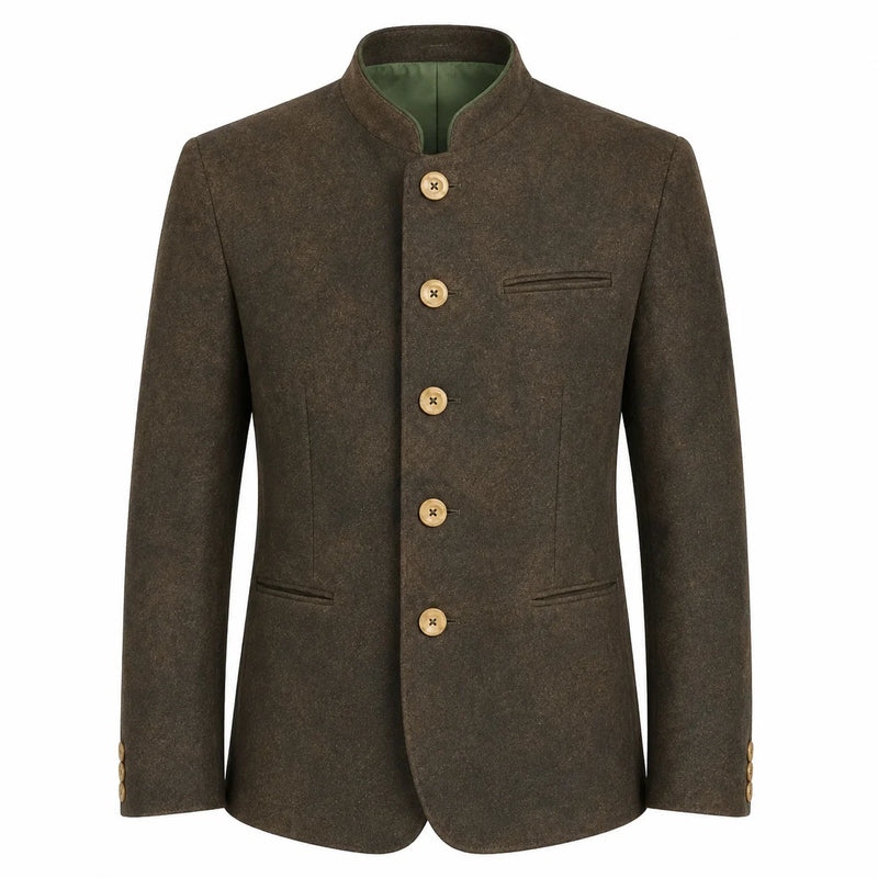 A men's traditional jacket in dark brown textured wool with a mandarin collar, five gold buttons, and a green lining, shown on a plain white background.