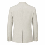 The back view of a light beige textured blazer with a center seam and gold button accents on the cuffs, shown on a plain white background.
