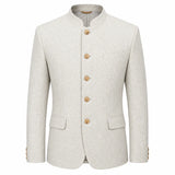 A light beige textured jacket with a mandarin collar, five gold buttons, and flap pockets, shown on a plain white background.