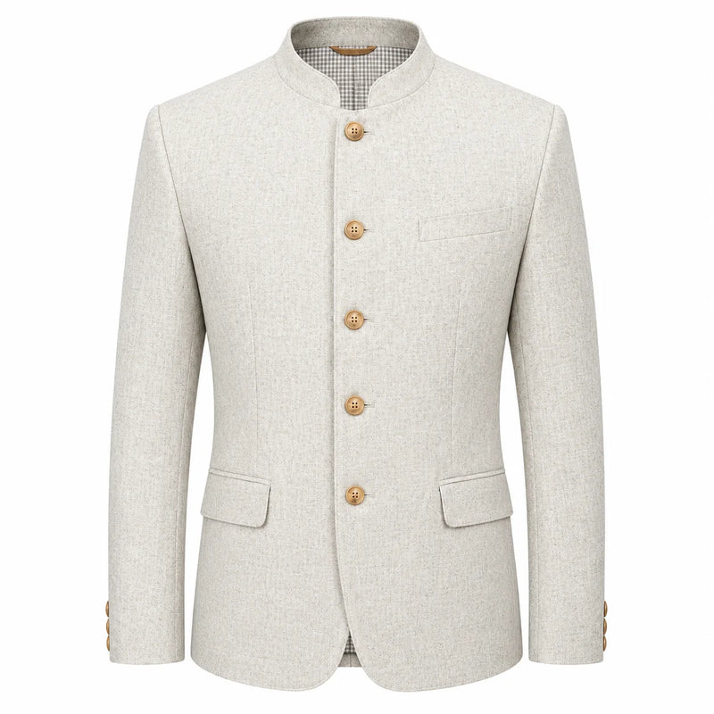 A light beige textured jacket with a mandarin collar, five gold buttons, and flap pockets, shown on a plain white background.