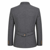 The back view of a men's gray textured blazer with a single button closure at the waist and button details on the cuffs, shown on a plain white background.