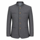 A men's gray textured wool jacket with a mandarin collar and four brown buttons, shown on a plain white background.
