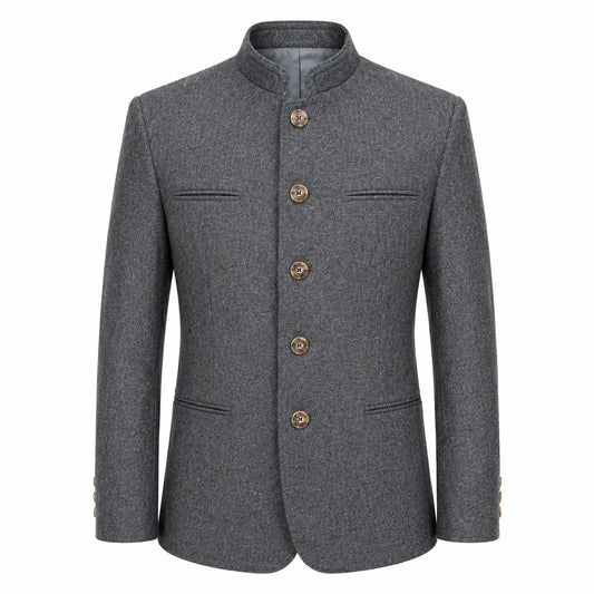 A men's gray textured wool jacket with a mandarin collar and four brown buttons, shown on a plain white background.