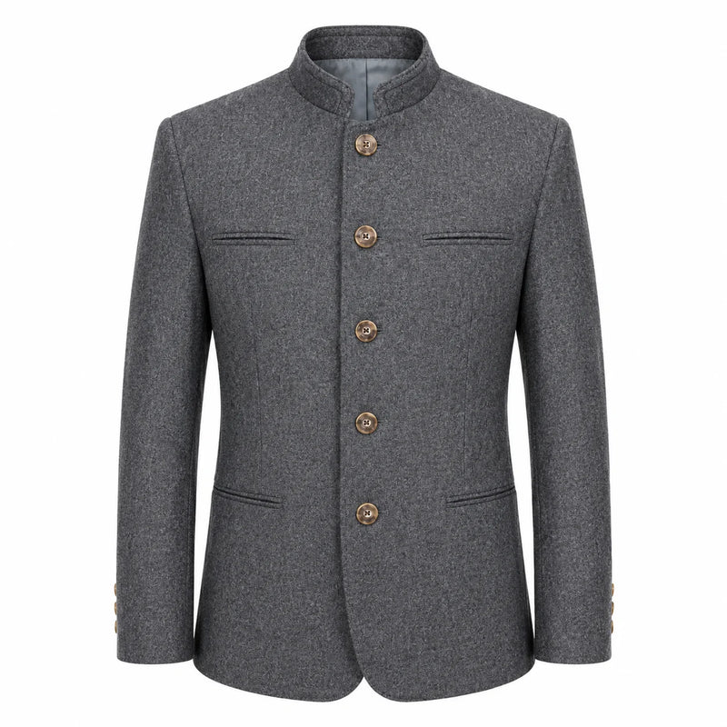 A men's gray textured wool jacket with a mandarin collar and four brown buttons, shown on a plain white background.