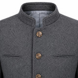 Close-up of a dark gray textured jacket with a mandarin collar, bronze buttons, and welt pockets on a white background.