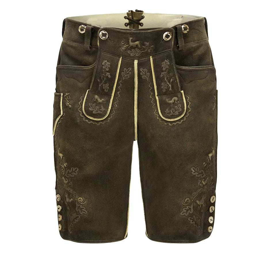 Brown leather shorts with embroidery on a white background