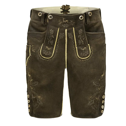 Brown leather shorts with embroidery on a white background