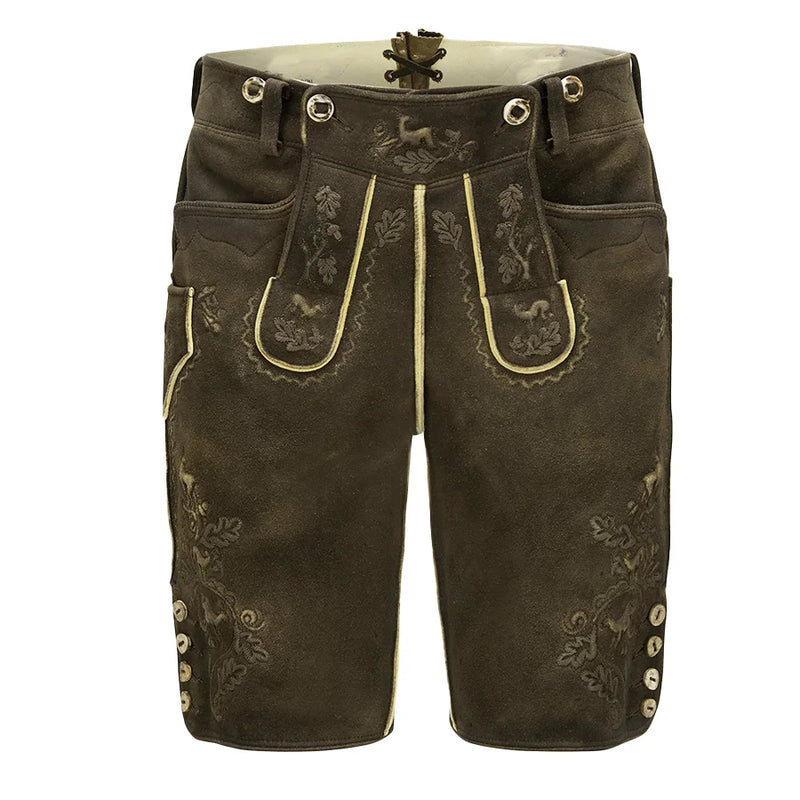 Brown leather shorts with embroidery on a white background
