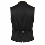 Black waistcoat vest with a brown collar and a matching tie belt with a gold buckle, shown from the back on a white background.