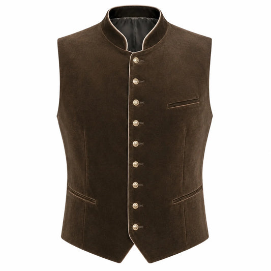 A dark brown velvet waistcoat with a mandarin collar, decorative gold-tone buttons, and beige contrast piping, shown on a plain white background.