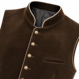 A close-up of a dark brown velvet waistcoat with a mandarin collar, decorative gold-tone buttons, and a welt pocket on a white background.