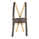 Suspenders with decorative leather strap and metal clips on a white background