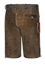 Brown leather shorts with a belt and patch on a white background