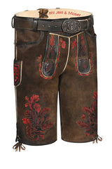 Brown leather shorts with red floral embroidery and a belt on a white background
