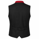 Black men's waistcoat vest with a red collar trim, shown from the back on a white background.