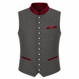 A gray wool-like waistcoat vest with a contrasting dark red mandarin collar, button closure, pocket square, and welt pockets, shown on a plain white background.
