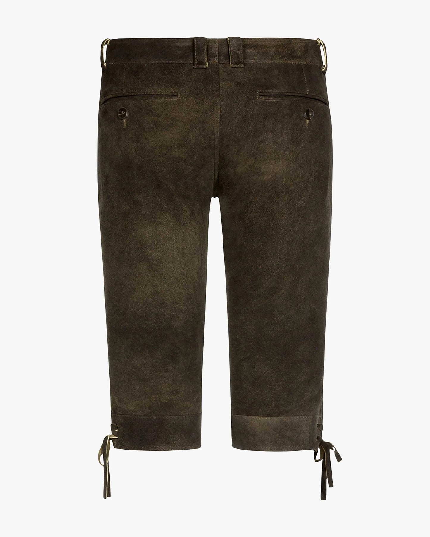 Dark brown suede pants with drawstring details on a white background