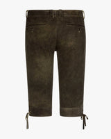 Dark brown suede pants with drawstring details on a white background