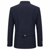 A dark navy blue wool-blend blazer shown from the back, featuring a single gold button at the waist and gold button detailing on the cuffs, set against a plain white background.
