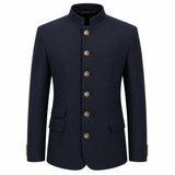 A men's dark navy blue jacket with a mandarin collar, gold-tone decorative buttons down the front, flap pockets, and a single chest pocket, shown on a plain white background.