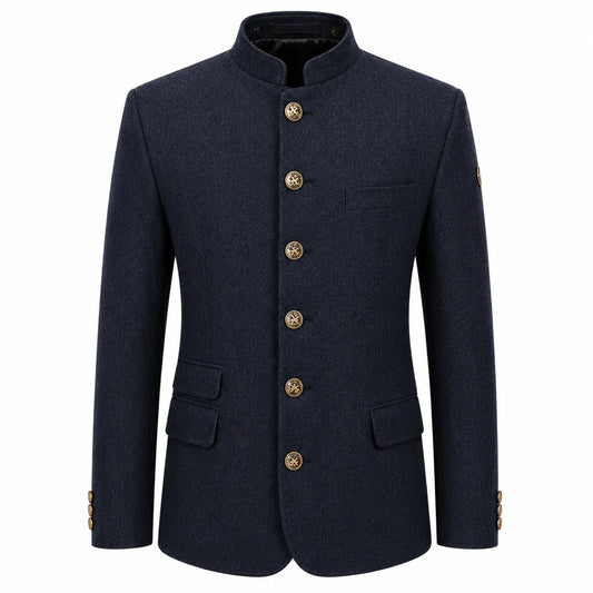 A men's dark navy blue jacket with a mandarin collar, gold-tone decorative buttons down the front, flap pockets, and a single chest pocket, shown on a plain white background.