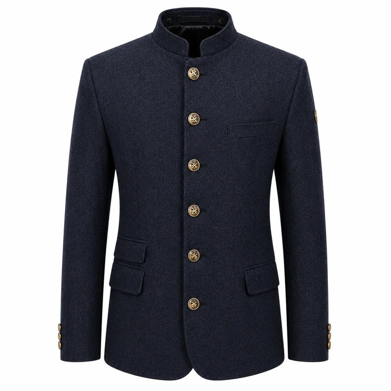 A men's dark navy blue jacket with a mandarin collar, gold-tone decorative buttons down the front, flap pockets, and a single chest pocket, shown on a plain white background.