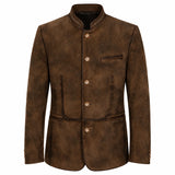 A men's brown textured jacket with a mandarin collar, four decorative buttons, and a welt pocket on the chest, shown against a plain white background.