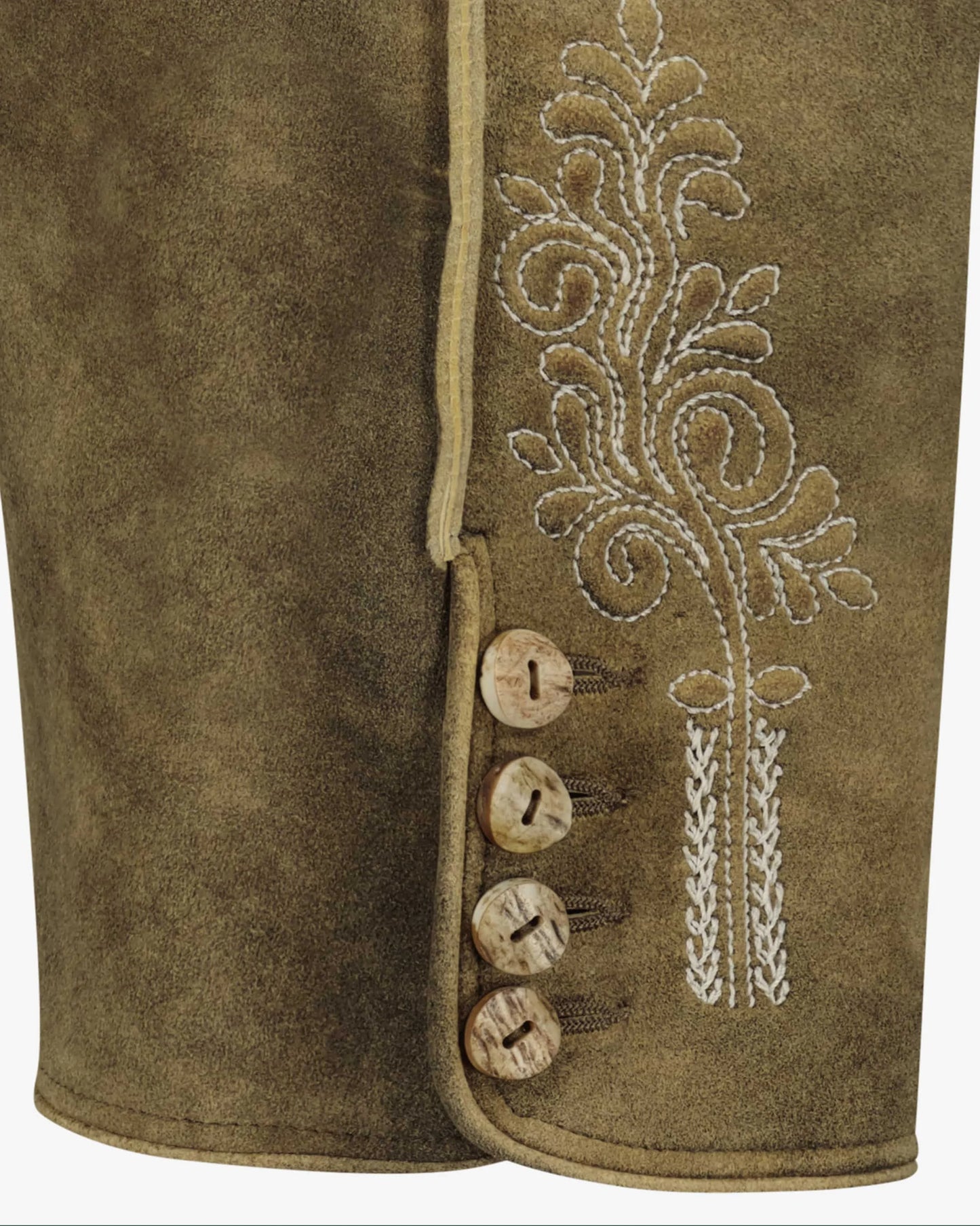 Brown suede jacket with embroidered design and buttons on a white background