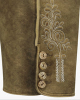 Brown suede jacket with embroidered design and buttons on a white background