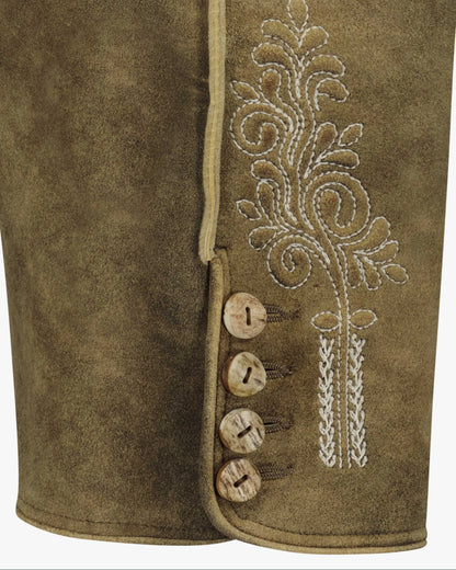 Brown suede jacket with embroidered design and buttons on a white background