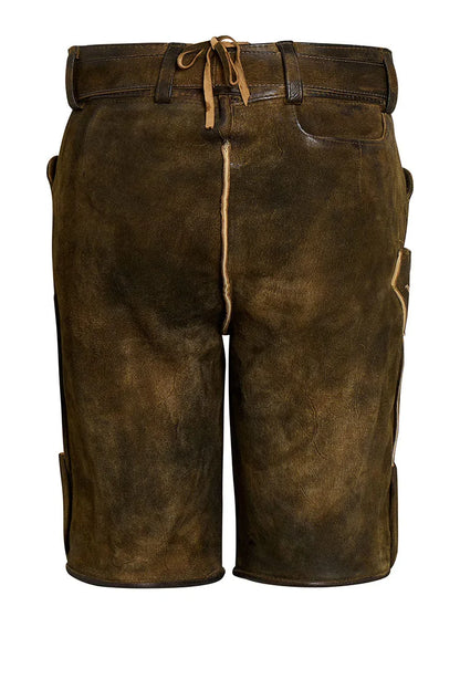 Brown leather shorts with intricate embroidery and a belt on a white background
