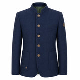 A men's navy blue wool-blend jacket with a mandarin collar, five decorative gold-tone buttons, and flap pockets, shown on a plain white background.