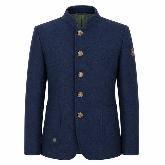 A men's navy blue wool-blend jacket with a mandarin collar, five decorative gold-tone buttons, and flap pockets, shown on a plain white background.
